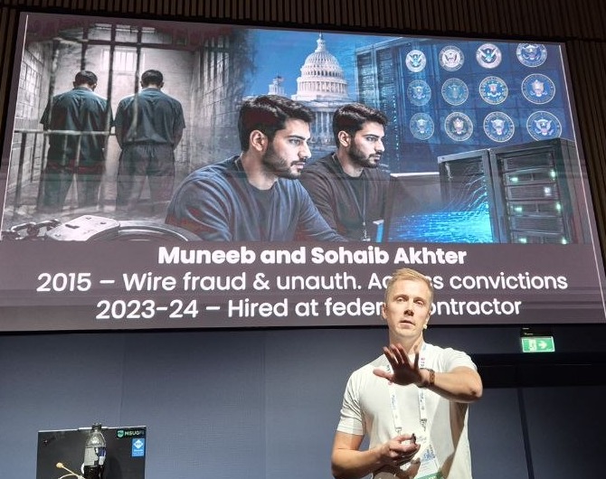 Slide showing the Akhter brothers case: 2015 wire fraud and unauthorised access convictions, hired at a federal contractor in 2023-24