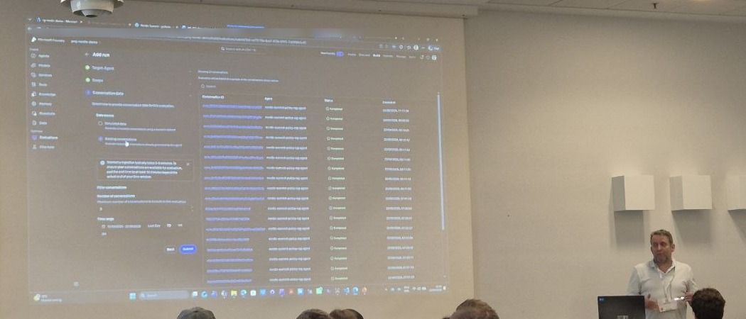 Microsoft Foundry evaluation run being configured against existing agent conversations, with a list of completed conversation IDs