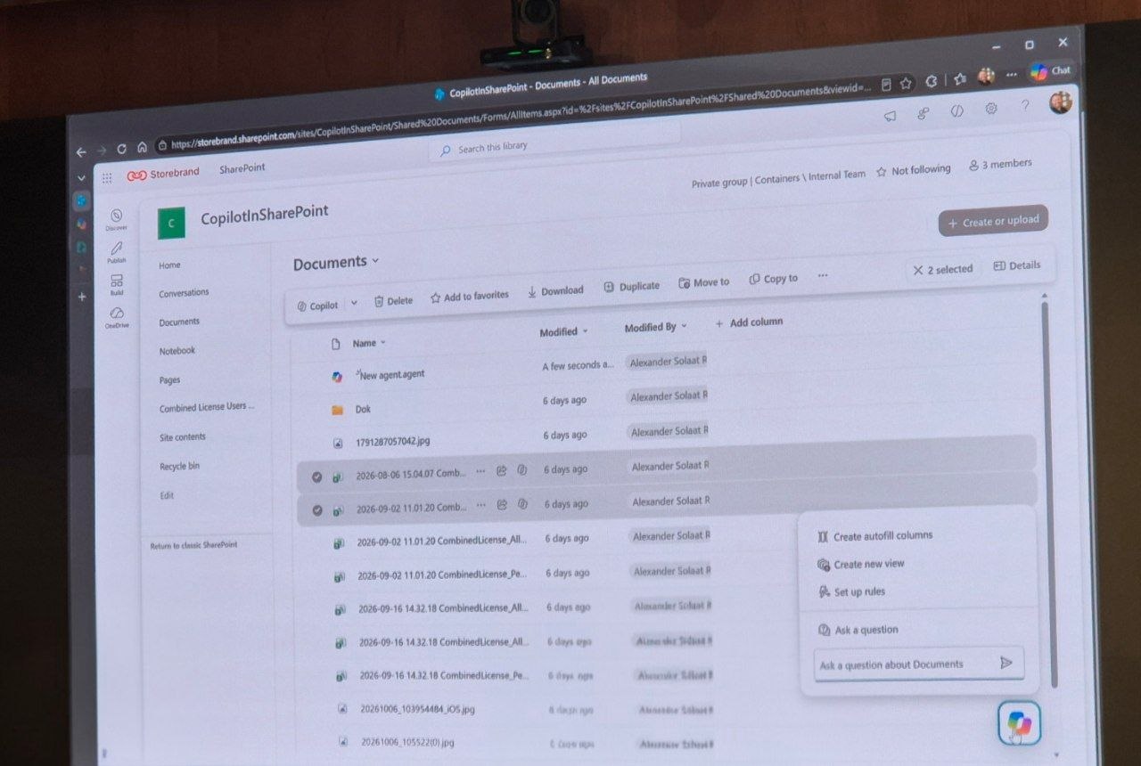 Live demo: a SharePoint document library with two files selected and the Copilot in SharePoint menu open, showing Create autofill columns, Create new view, Set up rules and Ask a question
